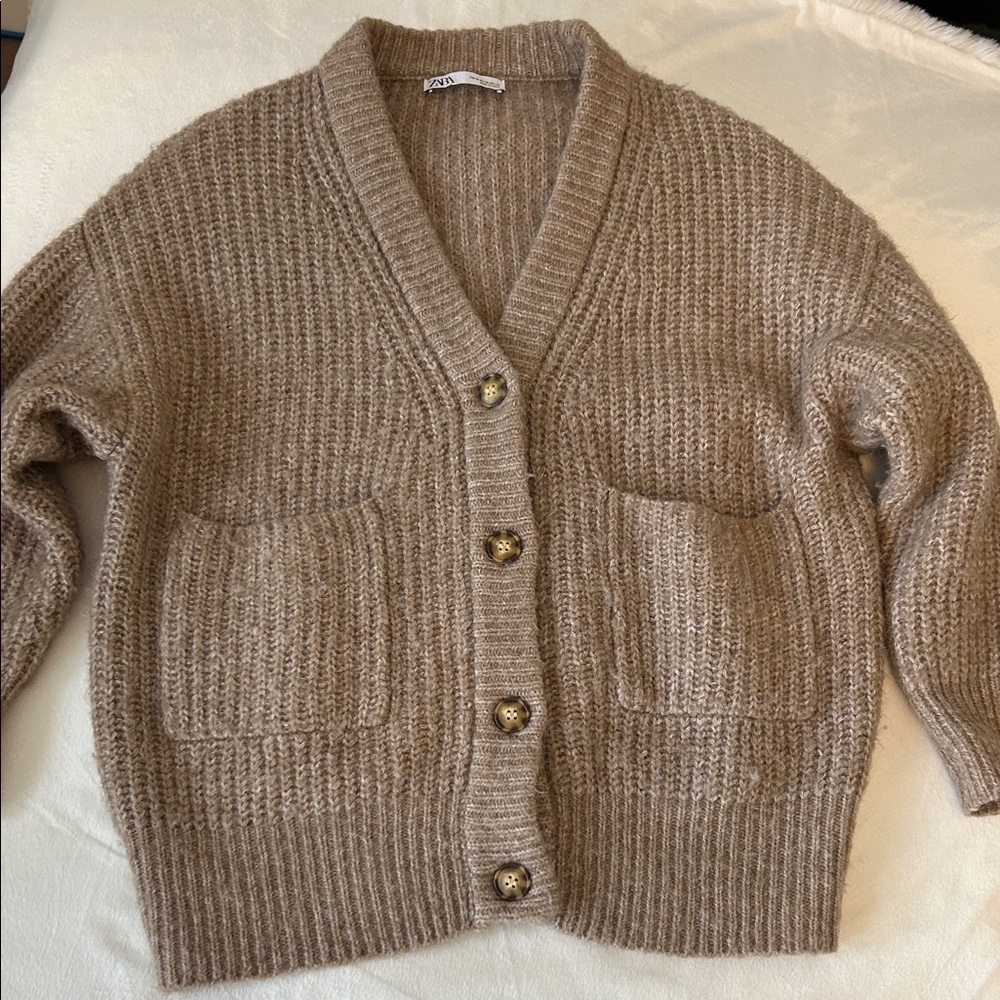 Zara Oversized Taupe Ribbed V-Neck Cardigan + Bonus separate Faux fur shawl